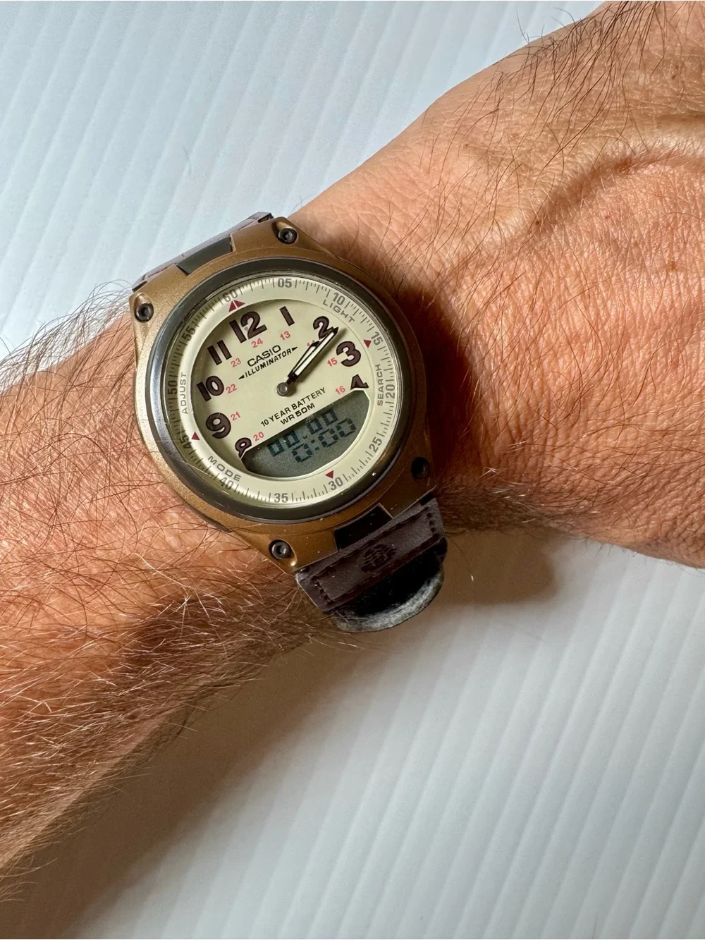 Casio Telememo AW80V-5BV Illuminator Brown Leather and Nylon Hook & Loop Strap
